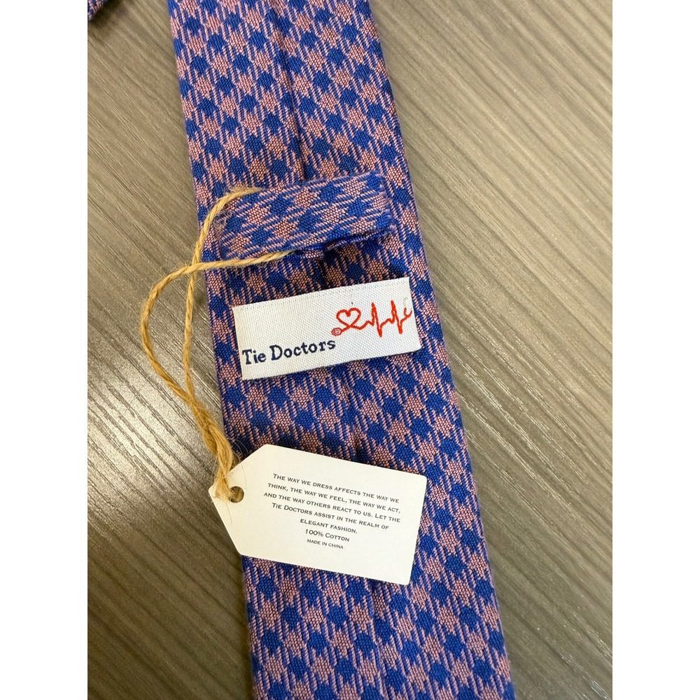Tie Doctors Mens Blue Pink Houndstooth 100% Cotton Woven Necktie NWT - Picture 4 of 6